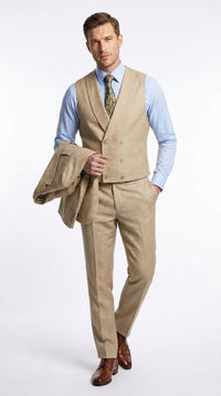 Men’s Great Gatsby Tan Summer Sharkskin 3 Piece – Double Breasted Vest Classic 1920s Groosmen Suit