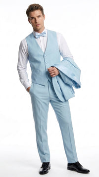 Men’s Powder Blue 3-Piece Tuxedo – Light Blue Wedding & Prom Suit with Vest in Light Blue Sky Color