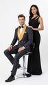 Men’s Black and Gold Hollywood Tuxedo – Double-Breasted Shawl Lapel Prom, Wedding and Formal Suit