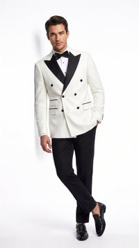 Men’s Vintage Hollywood Ivory Double-Breasted Tuxedo – Black Peak Lapel Wedding and Formal Suit