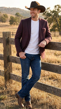 Men’s Burgundy Western  Blazer Jacket, Textured Cowboy Style Sport Coat for  - Tweed Herringbone Maroon Color