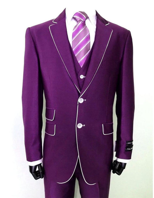 Mens 2 Button Vested Trim Tuxedo in Purple Purple Prom Tuxedos