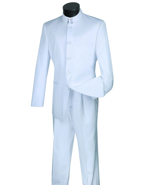 Mens 5 Button Mandarin Collar Tuxedo Suit in White