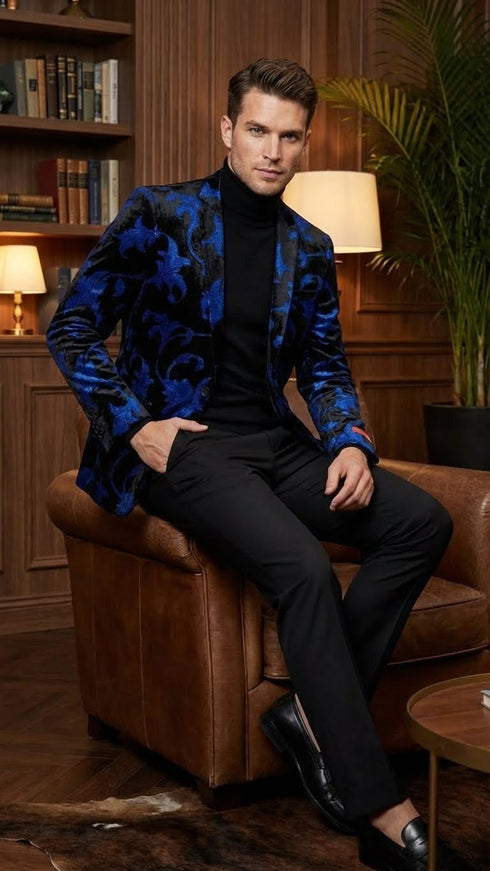 Men’s Black and Royal Blue Patterned Blazer – Paisley Floral Sport Coat Prom Jacket