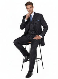 Men’s Three Button Suits -  Navy Blue Pinstripe Three-Piece Suit – Classic Business and Formal Wear - Zoot Suit
