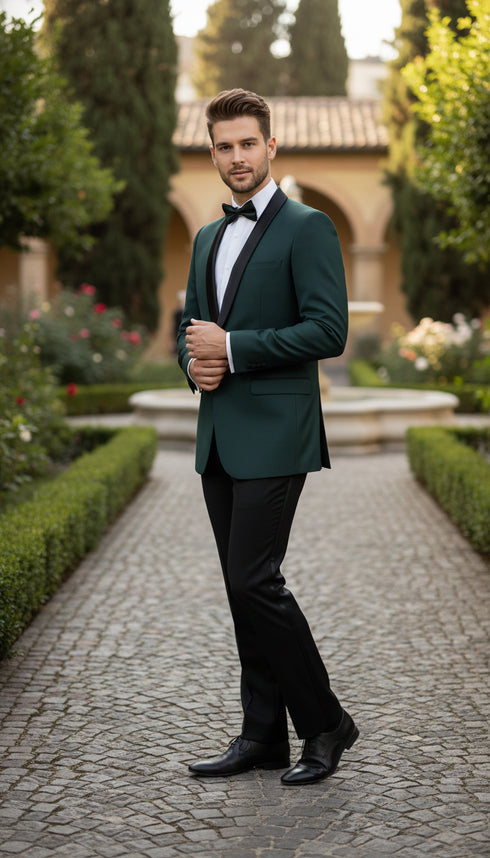 Men’s Green Tuxedo Suit – Slim Fit Jacket with Black Satin Shawl Lapel and Black Pants in Hunter Green