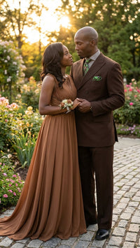 Men’s 6 on 3 Style Brown Double Breasted Suit with Wide Leg Pleated Pants, Classic Formal 2 Piece Dress Suit Set