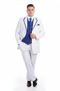 Men’s White and Royal Blue Pinstripe 3-Piece Suit – Classic Fit Blazer with Vest, Pants, and Tie