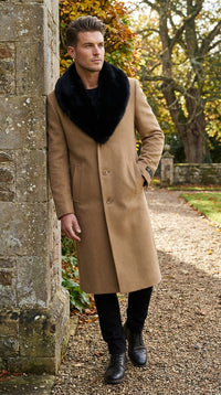 Men’s Camel Tan Long Overcoat with Black Faux Fur Collar - Wool Topcoat Three if not Full length