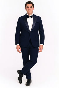 Men’s Navy Blue  Tuxedo with Satin Peak Lapel With Matching Color Lapel Sateen – Formal 2 Piece Suit
