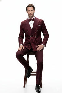 Men’s Burgundy Floral Jacquard Tuxedo Dinner Jacket – Paisley Velvet Lapel Formal Wear for Weddings and Prom