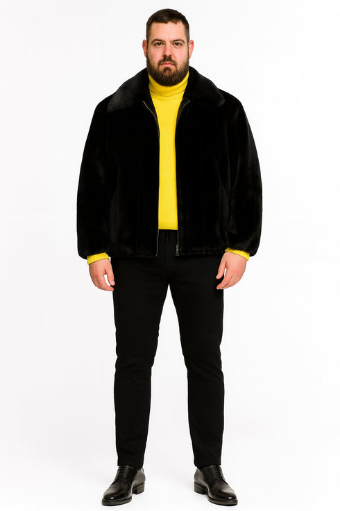 Men’s Black Faux Fur Jacket – Luxury Winter Zip-Up Coat with Soft Plush Finish