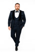 Men’s Navy Blue Jacquard Tuxedo with Black Velvet Shawl Lapel – 3 Piece Formal Suit with Bow Tie