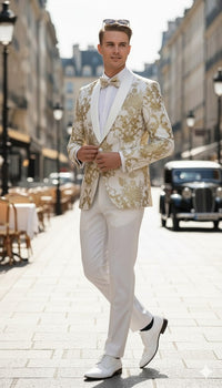Mens White and Gold Floral Tuxedo Jacket with Satin Lapel – Luxury Prom, Wedding, and Formal Dinner Blazer