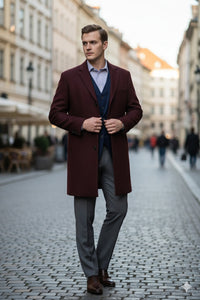Men’s Burgundy Wool and Cashmere Car Coat – Classic Winter Topcoat for Business and Formal Wear