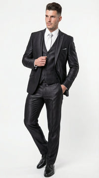 Men’s Black Three Piece Suit – Modern Fit 3PC Formal Suit with Vest for Wedding, Prom and Business Events Sharkskin Shiny Fabric