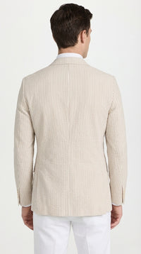 Mens Beige Seersucker Blazer – Lightweight Striped Summer Sport Coat Casual Smart Formal Blazer