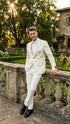 Men’s White and Gold Patterned Blazer – Paisley Floral Pattern Prom Wedding Suit Tuxedo Dinner Jacket + Bowtie