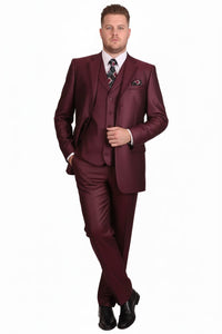 Mens Burgundy 3-Piece Suit – Burgundy Three Buttons Vested Suit - Pleated Pants Classic Fit Athletic Cut