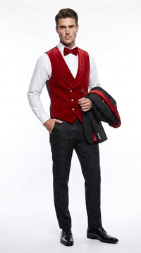 Men’s Black Paisley Tuxedo with Red Velvet Shawl Lapel – 3 Piece Wedding Prom Suit With Matching Bowtie