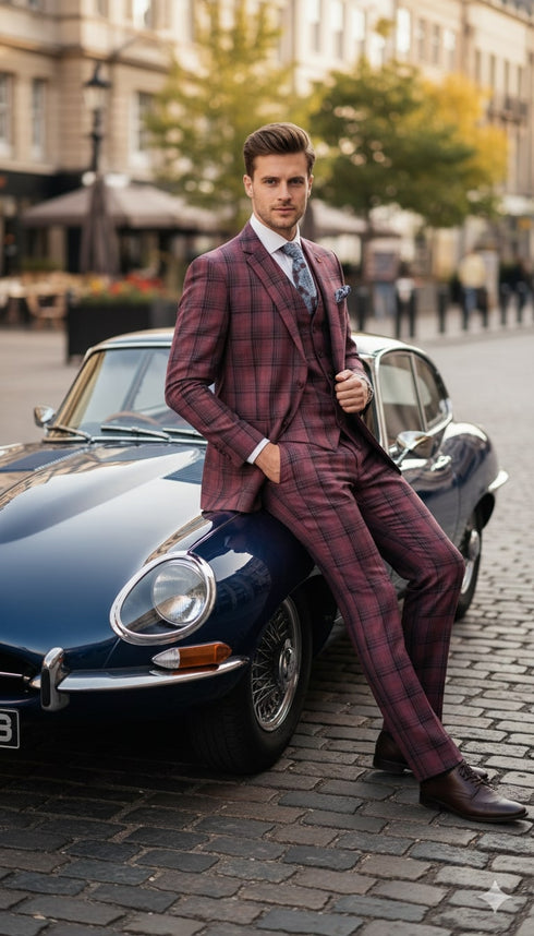 Mens Red Burgundy Plaid 3-Piece Suit – Classic Checkered Modern Fit Suit for Weddings, Church and Formal Events
