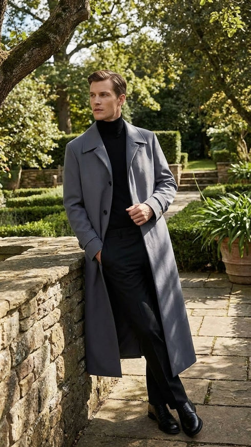 Men’s Full-Length Charcoal Grey Overcoat – Premium Microfiber Blend Long Dress Coat for Winter and Formal Wear in Gray Color
