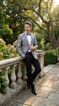 Men’s Silver and Black Paisley Prom Blazer Jacket | Printed Formal Evening Tuxedo Blazer + Free Matching Bow Tie
