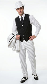 Men’s White Pinstripe 1920s Gangster 3 Piece Suit, Black Contrast Formal Costume Suit for Parties, Prom, Weddings, and Theme Events