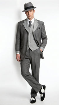 Men’s Grey Pinstripe 1920s Gangster 3 Piece Suit, Contrast Lapel Vintage Formal Suit for Parties, Prom, Weddings, and Theme Events