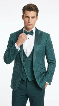 Men’s Hunter Green Paisley Tuxedo – 3 Piece Prom & Wedding Suit with Matching Bow Tie