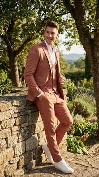 Men’s Light Rust - Peach Color - Salmon Color  3 Piece Suit Set with Vest, Classic Formal Wedding Prom Business Dress Suit