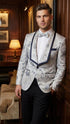Men’s White and Navy Blue Lapel  Floral Jacquard Blazer with Contrast Shawl Lapel – Luxury Wedding and Party Wear Jacket paisley Tuxedo Navy Pants