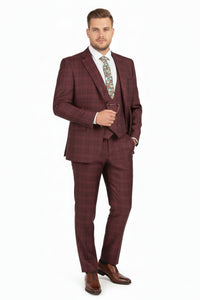 Men’s Burgundy Checkered 3-Piece Suit – Windowpane Classic Fit Plaid Blazer with Vest and Pants