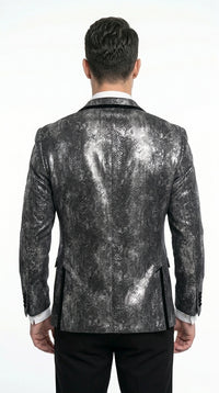 Men’s Black and Charcoal Gray Snakeskin Print Blazer, Animial Exotic Skin Alligator Crocodile Texture