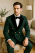 Men's Green Double-Breasted Wedding Tuxedo with Black Velvet Lapel and Gold Buttons