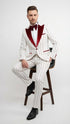 Men’s White and Dark Red Pinstripe Tuxedo with Velvet Shawl Lapel – Formal Dinner Blazer Prom Christmas New Year Holiday Suit