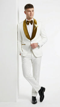 Men’s White Paisley 3 Piece With Vest Prom Tuxedo with Gold Velvet Shawl Lapel, Formal Wedding Suit Set