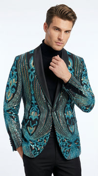 Men’s Black and Turquoise Blue With teal green Sequin Dinner Jacket, Formal Prom Wedding Paisley Floral Mardi Gra Pattern