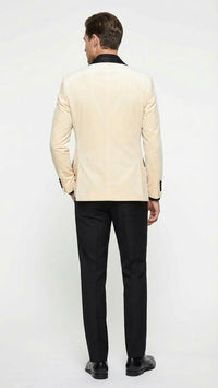 Men’s Ivory Dinner Jacket - Cream Velvet Blazer with Black Satin Lapel | Wedding and Party Formal Sport Coat in off white