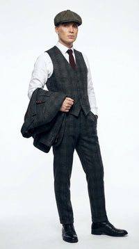 Men's Thomas Shelby Dark Grey Plaid 3-Piece Suit – Peaky Blinders 1920s Vintage Tweed-Style Wedding Suit with Matching Vest & Pants