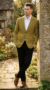 Men’s Mustard Gold Yellow Houndstooth Blazer Jacket, Check Pattern Formal Sport Coat for Weddings, Prom, Business 2 Buttons Modern Fit