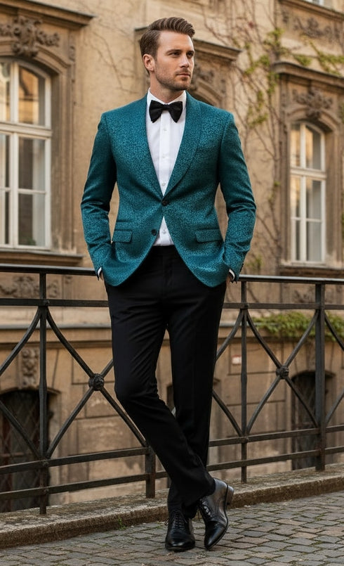 Mens Teal Blue Paisley Tuxedo Jacket – Elegant Shawl Lapel Dinner Blazer for Weddings, Prom and Formal Events - Greenish Blue