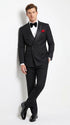 Men’s Black Double Breasted Evening Wear Suit with Satin Shawl Lapel and Red Pocket Square