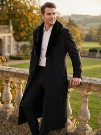 Men’s Black Long Overcoat with Faux Fur Collar, Full Length Winter Topcoat for Formal and Business Wear