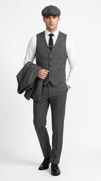 Men’s Thomas Shelby Peaky Blinders Gray Wool Suit Out fit Charcoal Grey Pinstripe 3-Piece  Vintage 1920s Suit