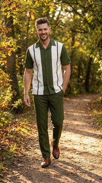 Men’s Olive Green and White Walking Suit – 2-Piece Short Sleeve Casual Leisure Outfit