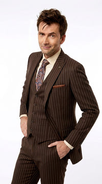 Men’s Doctor Who Inspired Brown Pinstripe 3-Piece Suit – Retro Vintage Wedding, Costume & Formal Suit