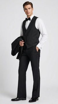 Men’s Black Boot Cut 3-Piece Tuxedo Suit – Peak Lapel Wedding, Prom and Formal Suit 1970s Style