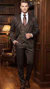 Men’s Chocolate Brown Textured 3-Piece Suit – Luxury Double-Breasted Vest Formal Set