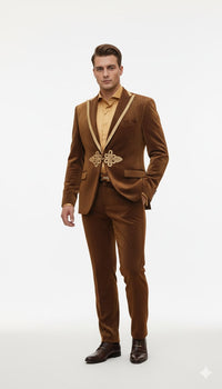 Mens Bronze Shiny Velvet Suit – Designer Party and Wedding Wear Blazer and Pant Set Brown and Gold Tuxedo